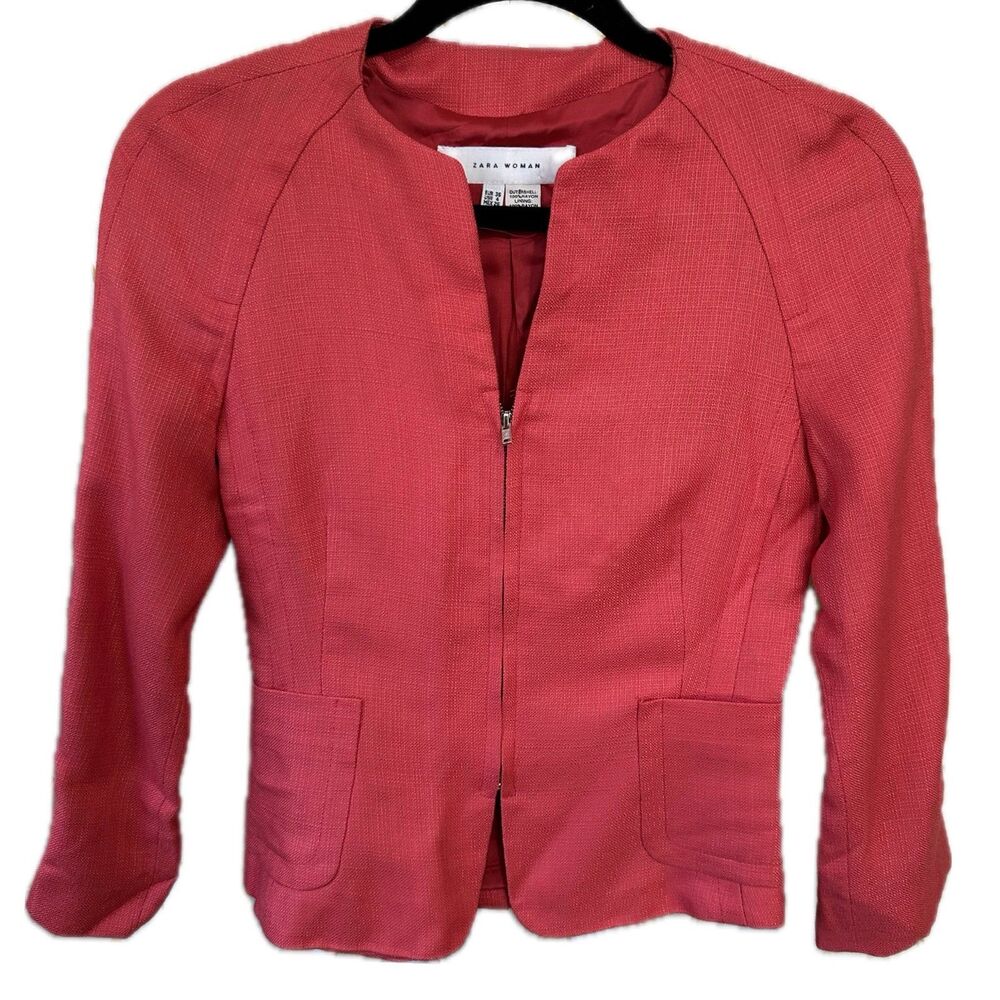Zara Woman Salmon Pink Three Quarter Sleeve Zip Up Lined Crop Blazer Jacket 4